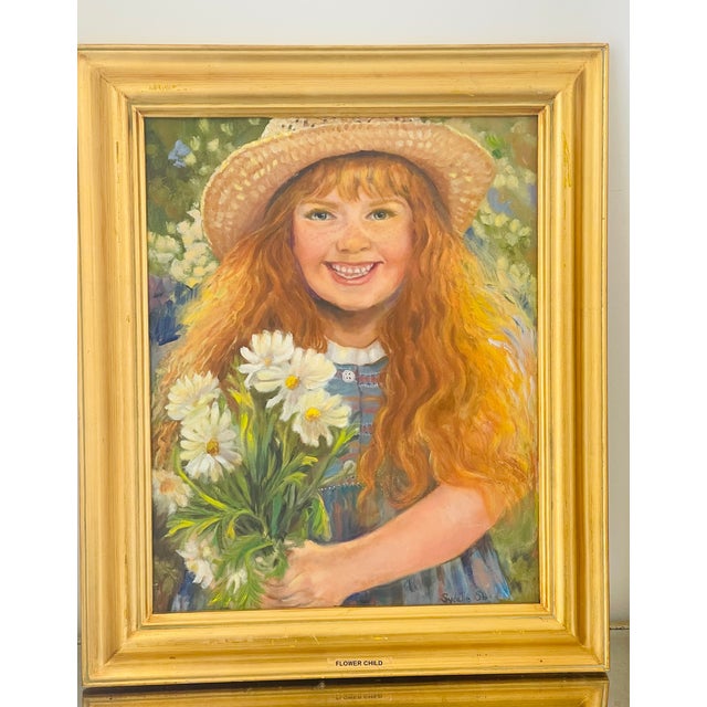 Original art painting oil on canvas Flower Girl signed by Sydelle Sher. Framed gold frame.