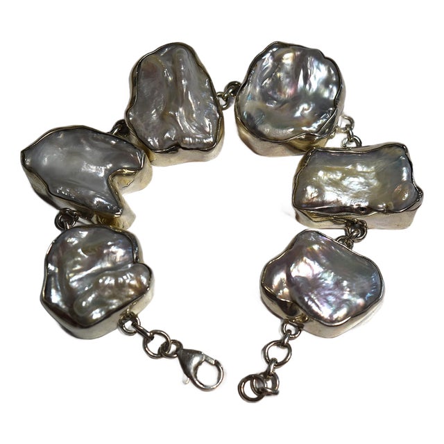 White Freshwater Baroque or Keshi Pearl Sterling Silver Link Bracelet For Sale