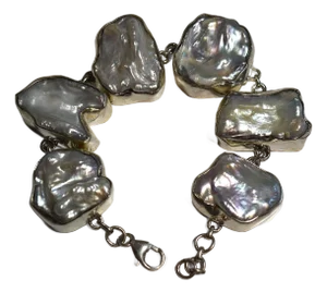 White Freshwater Baroque or Keshi Pearl Sterling Silver Link Bracelet