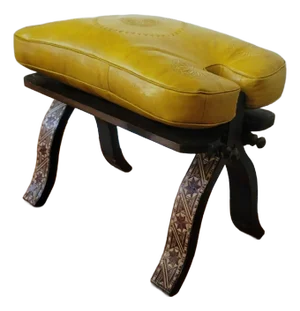 Handcrafted Moroccan Camel Saddle, Genuine Leather Cushion Stool / Mustard