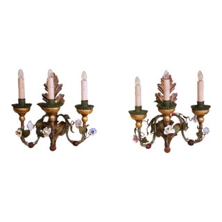 Pair of Mid-Century Italian Tole and Porcelain Floral Three-Light Wall Sconces For Sale