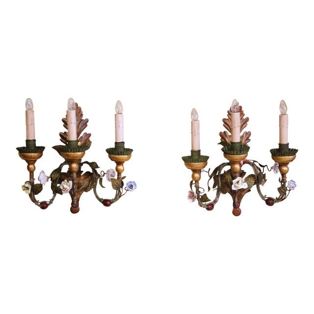 Pair of Mid-Century Italian Tole and Porcelain Floral Three-Light Wall Sconces For Sale