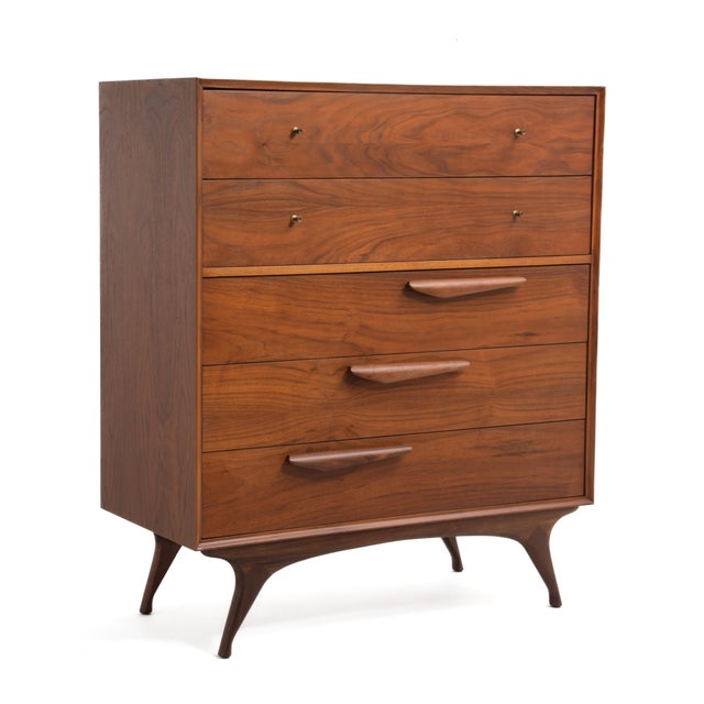 Brown Mid Century Sculptural Walnut Bedroom Set Tall Chest Dresser Two Nightstands Made in Japan 1960s For Sale - Image 8 of 18