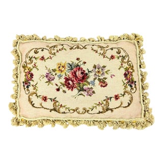 Large Floral Needlepoint Down Pillow With Tassles For Sale