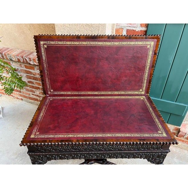 Brown Antique Foyer Hall Table British Colonial Carved Wood Leather Flip Top Burmese For Sale - Image 8 of 12