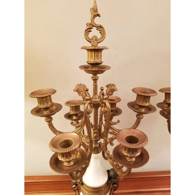 Vintage Italian Pair of 7-Light Gilt Bronze & Marble Figural Cherub Candelabras For Sale - Image 4 of 18