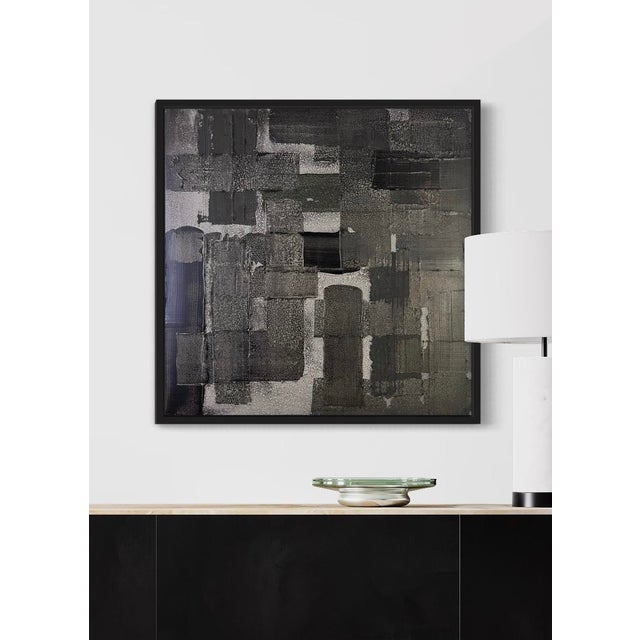 Original abstract painting by J. Kent Martin featuring layered green and gray tones with subtle patterning and textural...