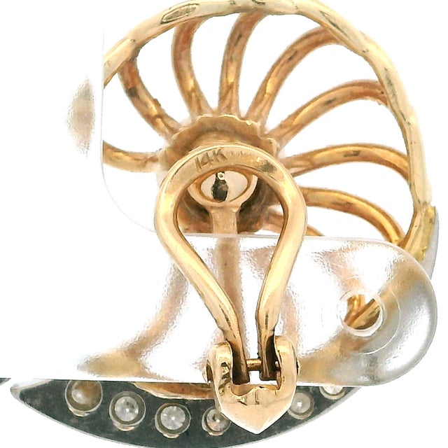 1950s American Two-Tone Gold Pearl and Diamond Fan Ear Clips, Pair For Sale - Image 10 of 11