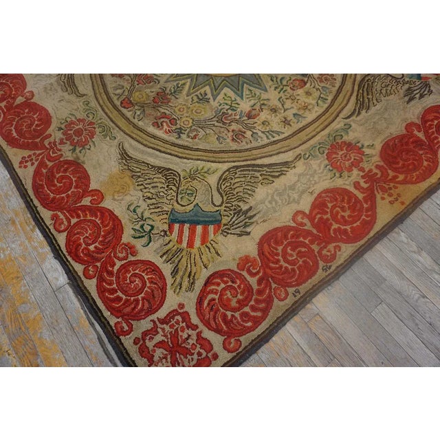 1920s Magistral Tan Beige Color With Floral and Geometric Design Antique American Hooked Rug For Sale - Image 5 of 15