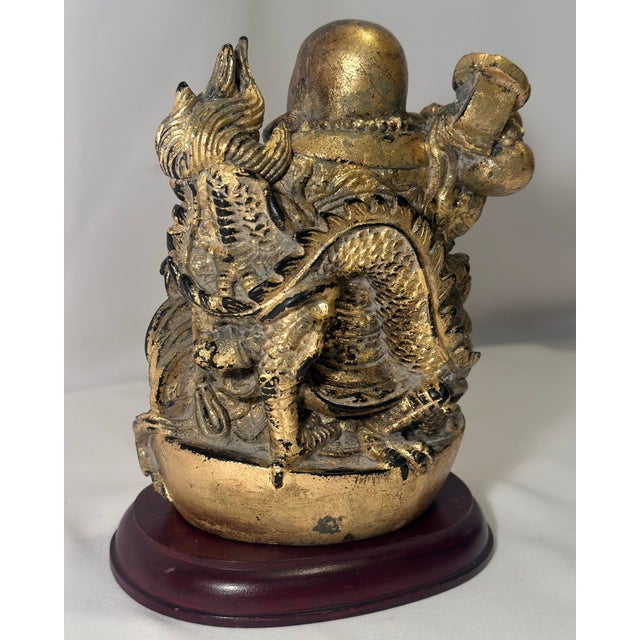 Late 20th Century Chinoiserie Gilded "Faux Bronze" Laughing Buddha Statue on Wooden Base For Sale - Image 10 of 11