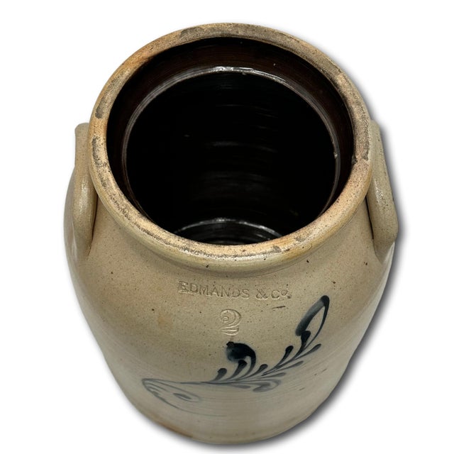 Navy Blue Nice Antique American Blue Decorated 2 Gallon Size Stoneware Butter Churn by Edmonds & Co. Charlestown Massachusetts For Sale - Image 8 of 18