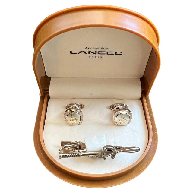 Rare Vintage "Lancel" Paris Gold Plate Steel Cufflinks & Tie Bar Original Case For Sale - Image 15 of 18