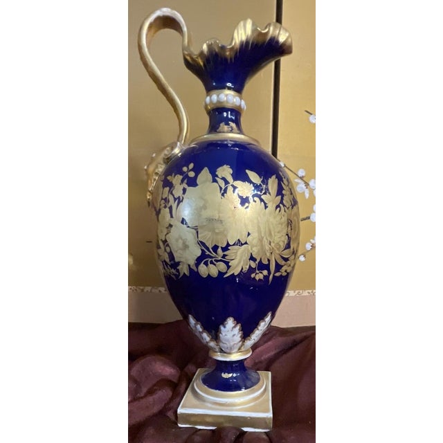 Royal Blue Antique 19th Century Derby Bloor Porcelain Ewer With Hand-Painted Floral Details For Sale - Image 8 of 13