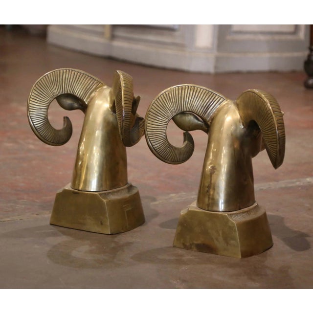 Metal Pair of Vintage French Gilt Brass Ram Head Sculptures For Sale - Image 7 of 9
