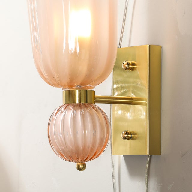 Metal Modernist Hand-Blown Fluted Murano Glass Sconces W/ Orbital Drop in Frosted Rose For Sale - Image 7 of 12