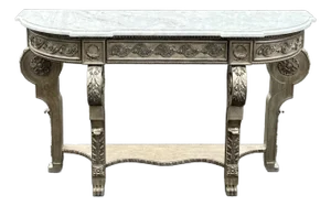 Amy Howard Silver Leaf Carved Neoclassical Marble Top Console Table