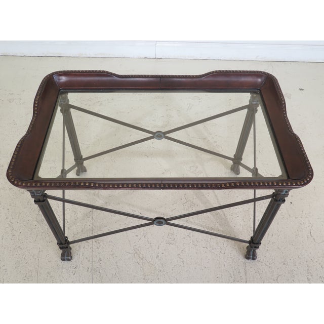 1990s Vintage Maitland Smith Leather & Glass Top Iron Base Coffee Table
