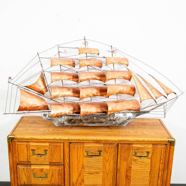 Mid Century Modern Wall Hanging Original Art Torched Brass Ship Boat Metal Large For Sale - Image 4 of 12