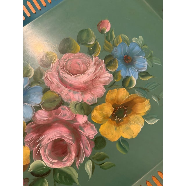 Vintage Floral Toleware Tray, Handpainted in Deep Green and Pastels For Sale - Image 4 of 12