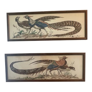 Set of Two Vintage Pencil Art Framed Pheasants For Sale