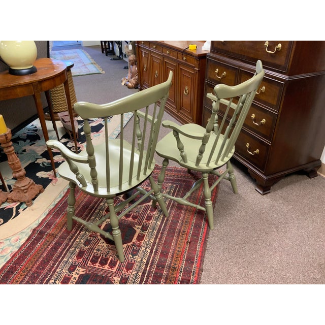 20th century Hitchcock fan back windsor armchairs. Painted in a sage green. Fanback