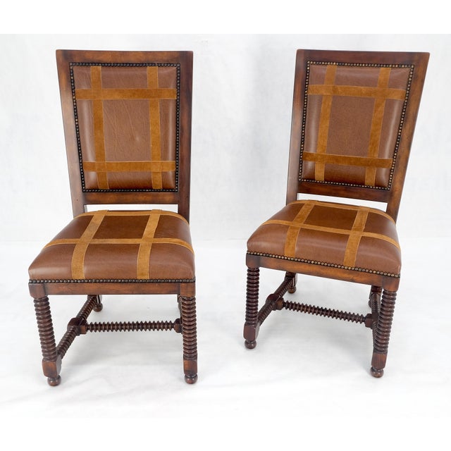 Pair of Turned Legs & Stretchers Large Leather Upholstery Side Chairs MINT! For Sale - Image 9 of 14