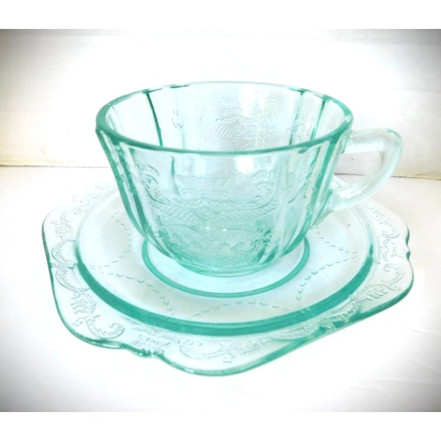 Indiana Glass Company Vintage Indiana Depression Glass Tea Cup and Saucer, Set of Two, Recollection, Teal Blue Madrid Pattern 70's For Sale - Image 4 of 12