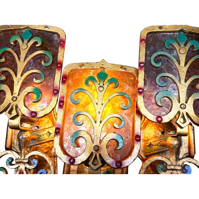 1920s Spanish Revival Wall Sconces With Mica Shields and Original Polychrome Finish - Set of 8 For Sale In Los Angeles - Image 6 of 8