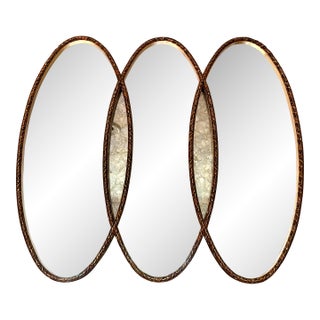 Vintage Hollywood Regency Triple Oval Gilt Mirror With Mercury Glass, Dated 1965 For Sale