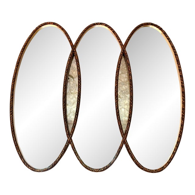 Vintage Hollywood Regency Triple Oval Gilt Mirror With Mercury Glass, Dated 1965 For Sale
