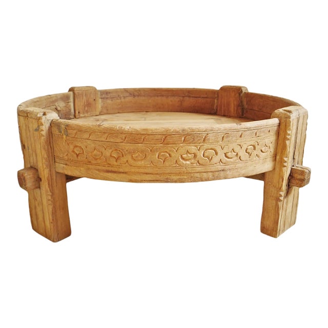 Vintage Indian Boho Chakki Grinder Wood Coffee Table / Ottoman For Sale