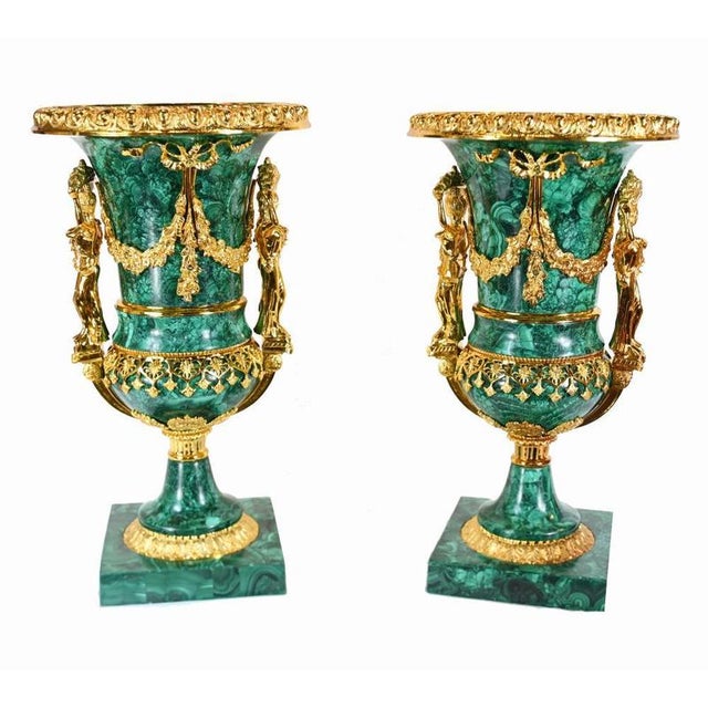 Metal French Empire Malachite Urns, Set of 2 For Sale - Image 7 of 7