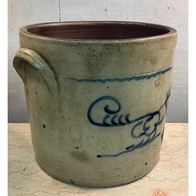 Antique 19th century American stoneware 3 gallon crock or jardiniere with abstract blue eagle folk art decoration....