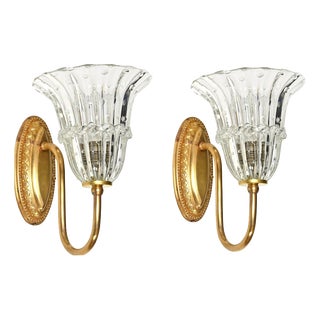 Large Murano Glass and Brass Flower Sconces from Barovier, Italy, 1950s, Set of 2 For Sale