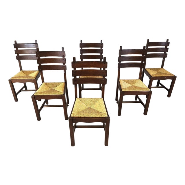 Vintage Brutalist Oak and Wicker Dining Chairs, 1960s, Set of 6 For Sale