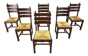 Vintage Brutalist Oak and Wicker Dining Chairs, 1960s, Set of 6