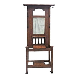 Antique 1910s Arts & Crafts Mission Oak Hall Tree Hooks, Mirror & Umbrella Stand For Sale