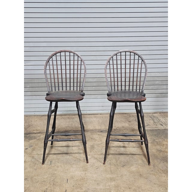 American Late 20th Century Pair of Bench Made Black Windsor Chair Tall Stools by David T. Smith of Ohio For Sale - Image 3 of 11