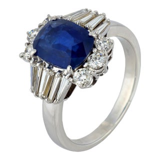 1950s Gia 4.07 Carat Ceylon Sapphire Diamond Platinum Cocktail Ring, Size 9.5 For Sale