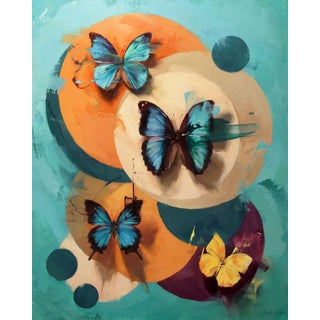 Kaleidoscope #2 by Lindsey Kustusch | Oil on Wood Panel Butterflies on colored circles For Sale
