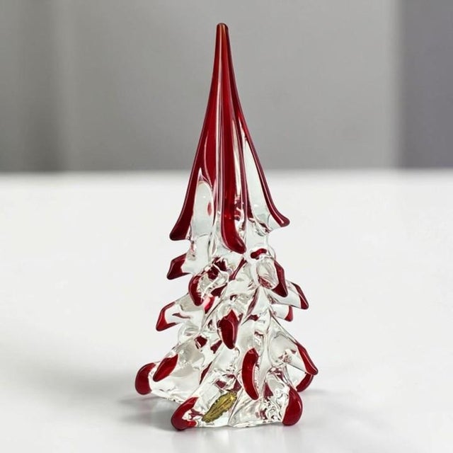 Mid 20th Century Murano Italian Art Glass Christmas Tree Sculpture 8" (Red Drip Tips, Original Foil Label, Vintage Mid-Century) For Sale - Image 14 of 15