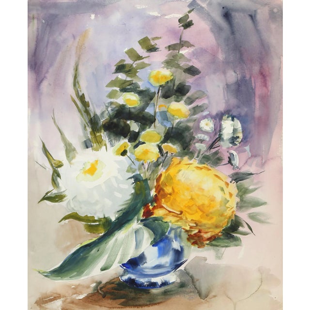 Placed against a washed purple background, the yellow and white flower arrangement in a porcelain vase exudes the elegance...