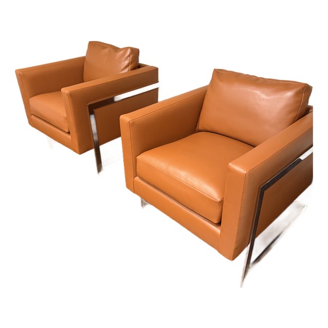 1980s Pair of Cognac Leather and Chrome Lounge Chairs Attributed to Milo Baughman For Sale