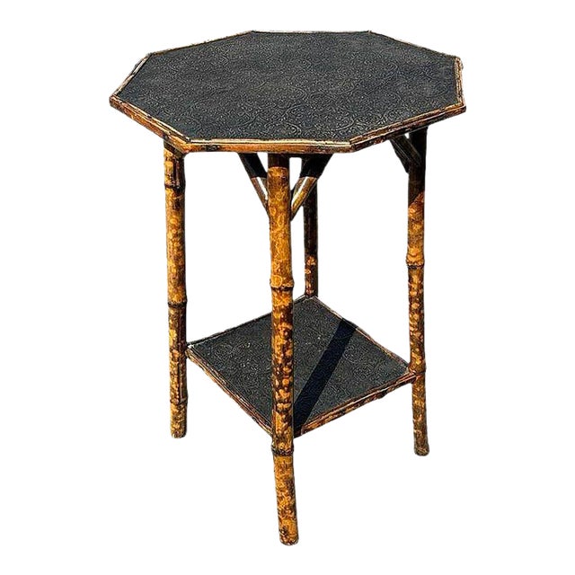 Restored Aesthetic Movement Tiger Bamboo Octagon Side Table W/ Embossed Top For Sale