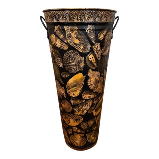 Vintage English Planter Jardiniere Urn Shell Decoupage Black Tole Coastal Décor For Sale