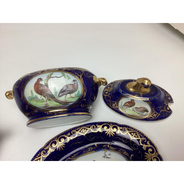 Pair Antique Coalport Porcelain Cobalt With Birds Covered Sauce Tureens With Under Plates For Sale - Image 4 of 12