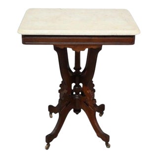 Antique Eastlake Carved Walnut Square Marble Top Table C1890 For Sale