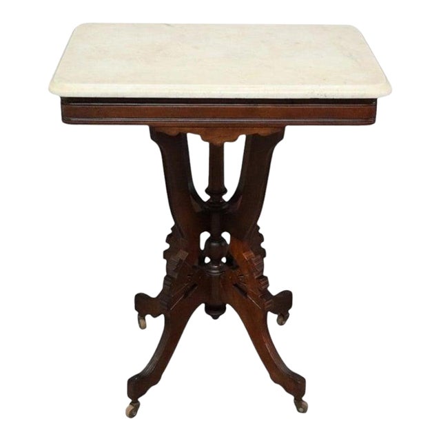 Antique Eastlake Carved Walnut Square Marble Top Table C1890 For Sale