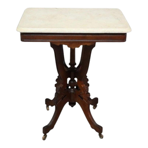 Antique Eastlake Carved Walnut Square Marble Top Table C1890