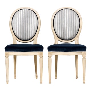 A Pair of Antique French Louis XVI Style Painted Side Chairs in Navy For Sale